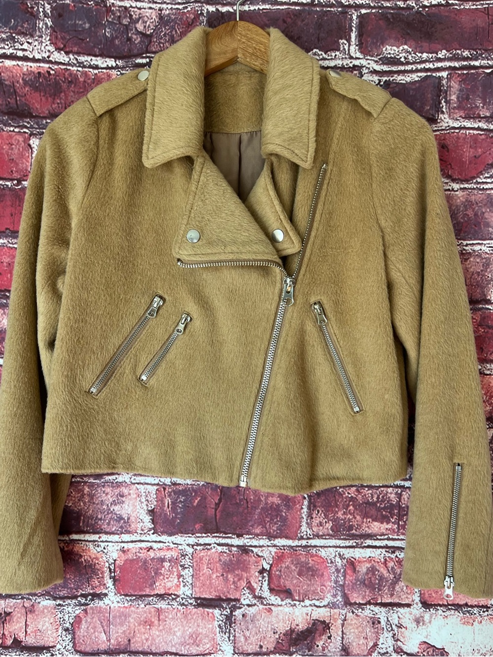 Camel Tan Fuzzy Textured Wool Blend Cropped Asymmetric Moto Jacket